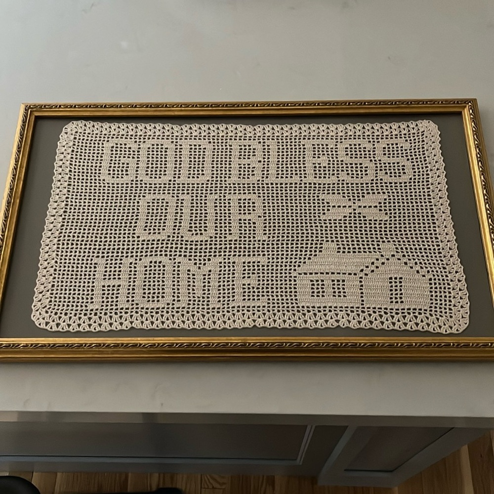 Framed “God bless our home” crochet artwork